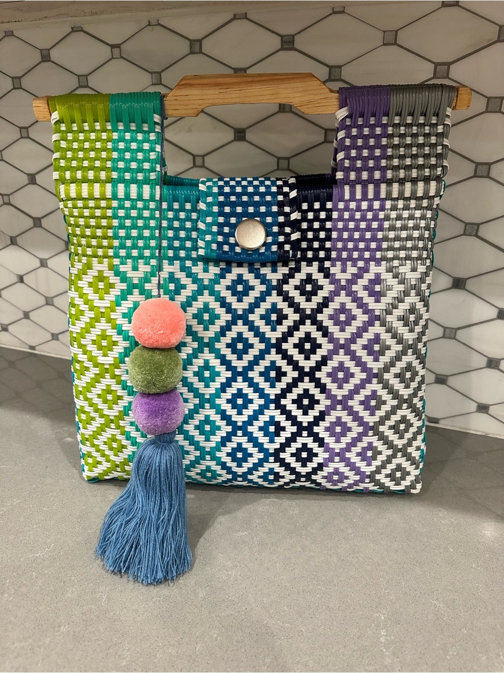 Woven Multicolor Geometric Tote with Tassel